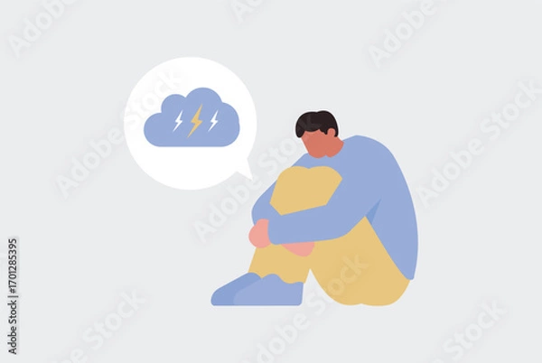 Fototapeta Illustration of a young depressed man sitting with knees hugged, stressed and lonely, featuring scribble cloud above head, symbolizing anxiety, sadness, mental health, and emotional struggle.