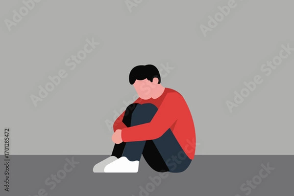 Fototapeta Illustration of a young depressed man sitting with knees hugged, stressed and lonely, featuring scribble cloud above head, symbolizing anxiety, sadness, mental health, and emotional struggle.