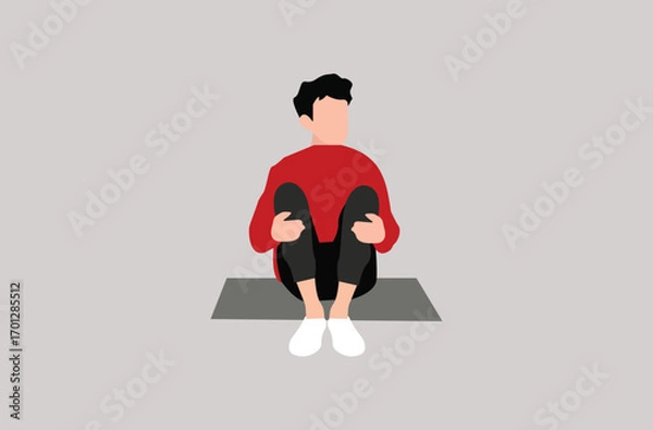 Fototapeta Illustration of a young depressed man sitting with knees hugged, stressed and lonely, featuring scribble cloud above head, symbolizing anxiety, sadness, mental health, and emotional struggle.