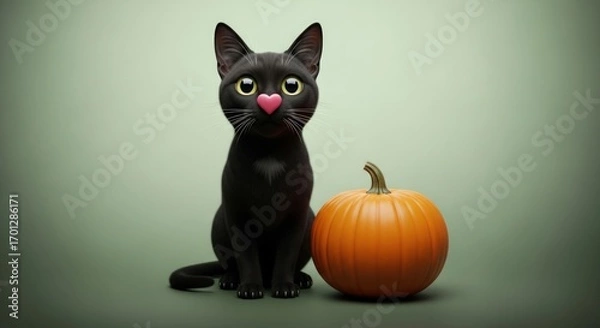 Fototapeta Black cat with heart nose sitting next to a pumpkin against a green background