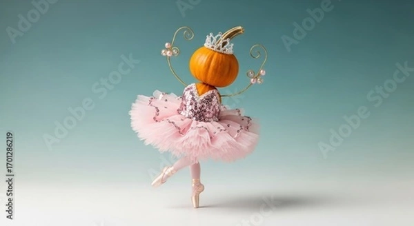 Fototapeta Pumpkin ballerina with pink tutu and tiara dancing against a gradient backdrop