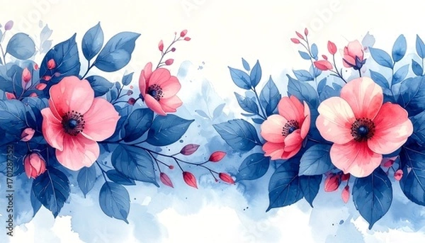 Fototapeta A delicate floral arrangement, featuring soft pinks and deep blues, creates a tranquil and elegant design.