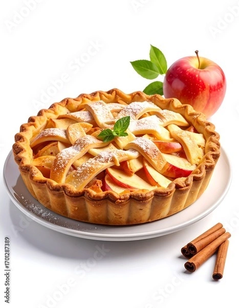Fototapeta A delicious  pie, golden brown and flaky, sits on a plate, garnished with cinnamon sticks and fresh mint leaves.