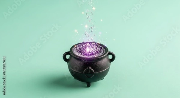 Fototapeta Bubbling cauldron with magical potion on a light green background for halloween use