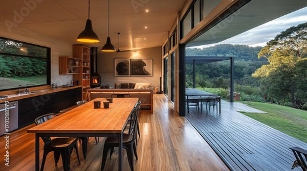 Obraz Modern cabin interior with open-air deck, dining area, kitchen, and nature view