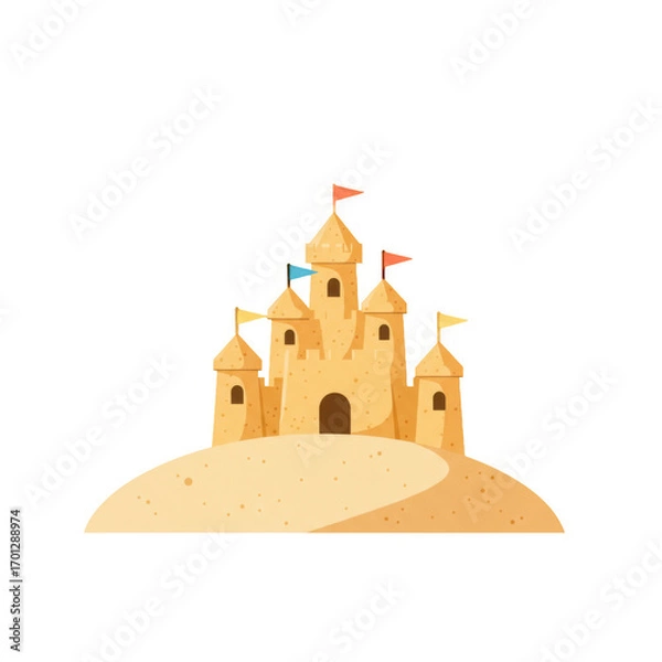 Fototapeta Playful Flat Design Sandcastle with Vibrant Flags on a Textured Sand Dune