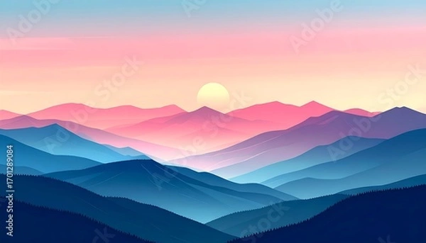 Fototapeta A tranquil mountain range bathed in a soft, pastel sunset, featuring layered hues of pink and blue.
