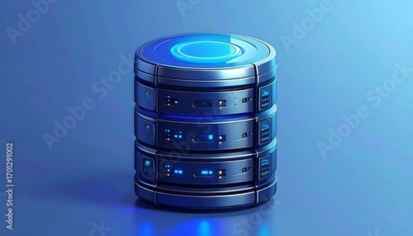 Fototapeta A modern, futuristic server stack, showcasing intricate details and vibrant blue accents, is presented on a simple blue background.