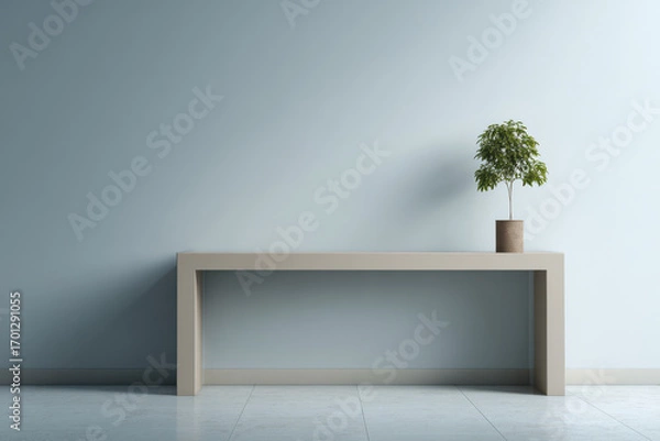 Fototapeta photorealistic ultraminimalist office interior featuring sleek modern desk and single green plant on it creating
