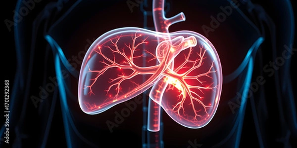 Fototapeta 3D holographic liver model advanced medical technology, healthcare innovation. Futuristic digital imaging visualizes internal anatomy for science, medicine, surgical planning. Glowing organ model