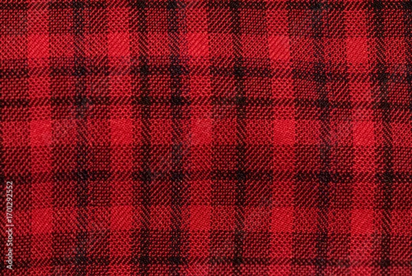 Fototapeta Classic red and black plaid cloth fabric close-up texture. Featuring a classic checkered pattern. For textile sample and background. Flannel shirts and rustic fashion