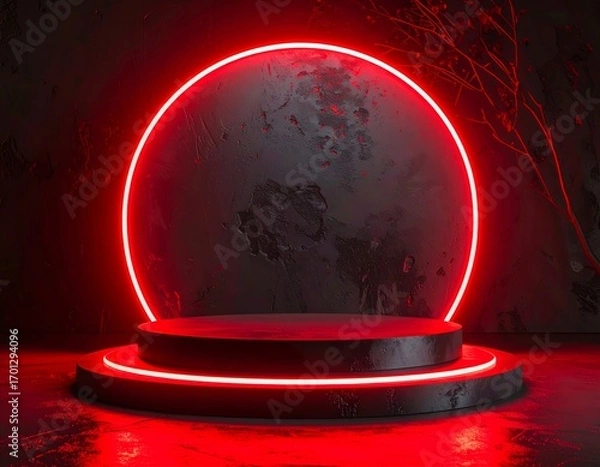 Fototapeta Red Neon Circle Concrete Podium Display