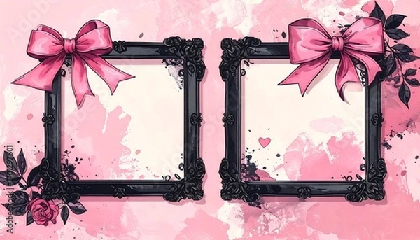 Fototapeta Two antique-style picture frames, adorned with delicate pink bows and floral accents, are presented against a backdrop of soft pink watercolor splatters.