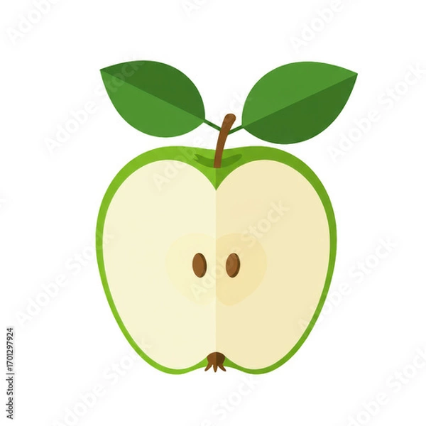 Fototapeta Stylized Green Apple Half with Seeds and Stem on a Soft Gradient Background