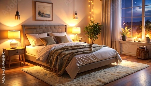 Fototapeta A cozy bedroom bathed in warm, inviting light, featuring a comfortable bed, bedside tables, and a window view of a night scene.