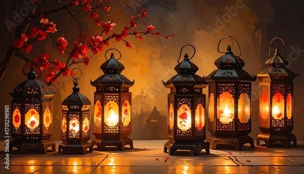 Fototapeta Ornate, dark-hued lanterns, adorned with floral patterns, cast warm light in a decorative setting.