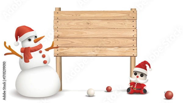 Fototapeta Blank whitewashed wooden signboard posts with 3D cute Santa Claus doll and freaky snowman on white background graphic illustration.