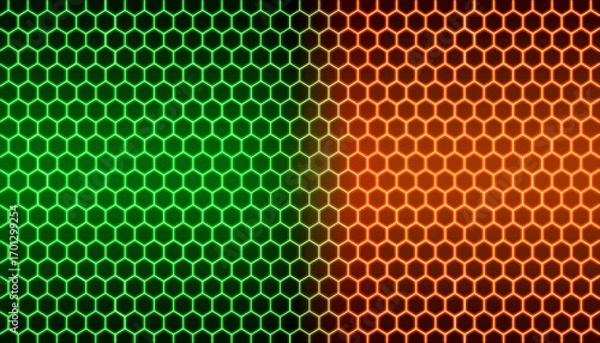Obraz Green orange hexagonal neon light abstract technology background	