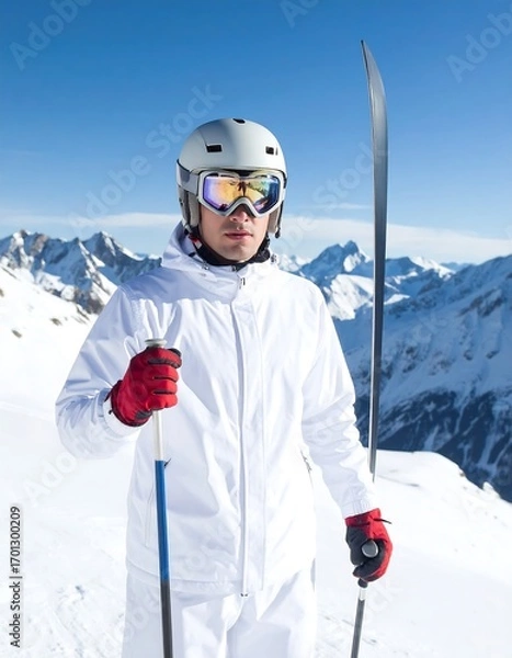 Fototapeta A skier, outfitted in a pristine white ski suit, stands poised on a snowy mountaintop, bathed in bright sunlight.