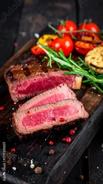 Fototapeta Slices of grilled steak with roasted vegetables, a rustic presentation on a dark wooden board.