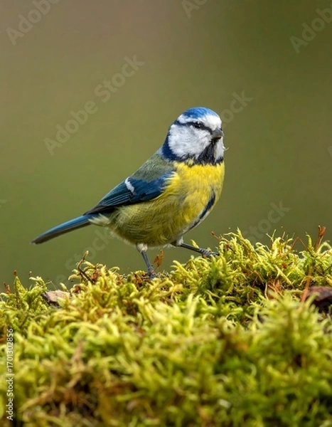 Fototapeta A vibrant blue tit perched on a patch of lush green moss, showcasing its striking colors against a soft, muted background.