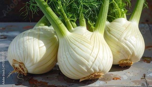 Fototapeta Three fresh fennel bulbs, displaying their unique, textured, white flesh, sit together, showcasing vibrant green foliage.