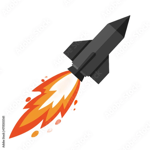 Fototapeta Stylized Gray Rocket with Vibrant Orange Fire Exhaust Taking Off on a Gradient Background