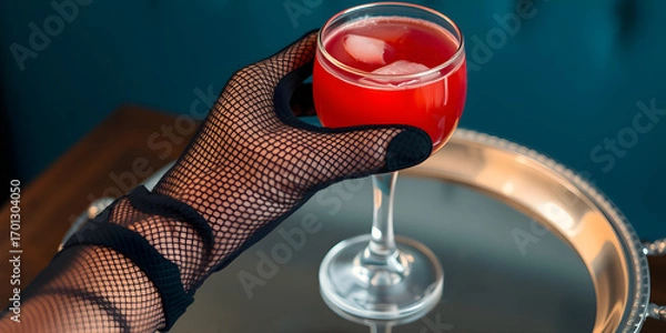 Fototapeta Close up shot of a red beverage in a clear glass held by a hand wearing a black fishnet glove displayed on a silver tray.