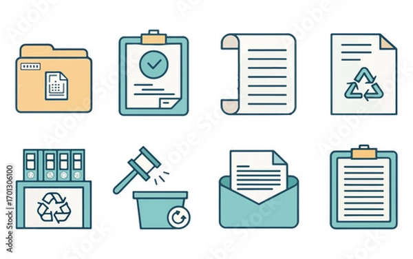 Fototapeta Office Documents and Recycling Icons Set for Business Efficiency and Sustainability Practices Promotion