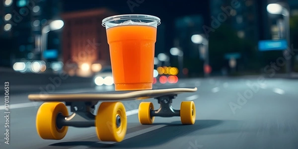 Fototapeta A clear plastic cup filled with orange liquid is placed on a skateboard with yellow wheels speeding on a road. The background features blurred buildings and lights with a sense of motion