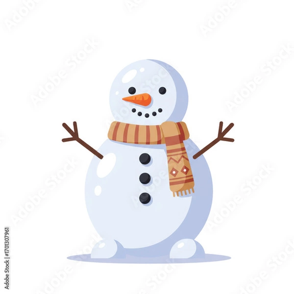 Fototapeta Cheerful 3d Snowman with Carrot Nose and Striped Scarf on a Light Winter Background