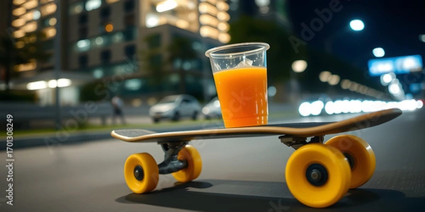 Fototapeta A clear plastic cup filled with orange liquid is placed on a skateboard with yellow wheels speeding on a road. The background features blurred buildings and lights with a sense of motion