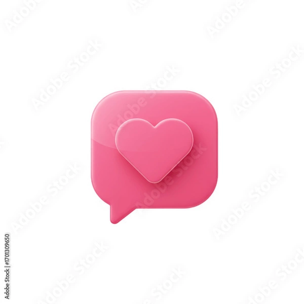Fototapeta Pink 3d Glossy Heart Icon in a Rounded Speech Bubble on a Soft Background