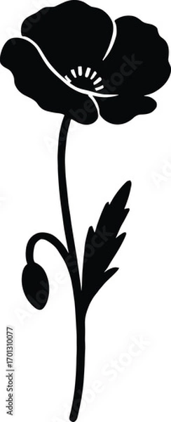 Fototapeta vector silhouette, poppy delicate petals on tall thin stem with seed pod hint, solid black