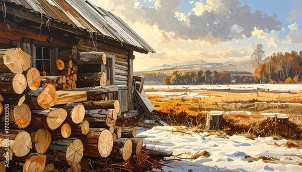 Fototapeta A rustic log cabin stands amidst a winter landscape, showcasing a stack of firewood and a serene vista.