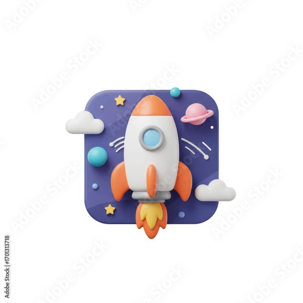 Fototapeta Vibrant 3d Cartoon Rocket Launching into a Playful Cosmic Icon Design