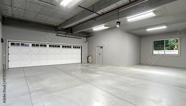 Fototapeta Spacious, modern garage with polished concrete floor and large white doors.