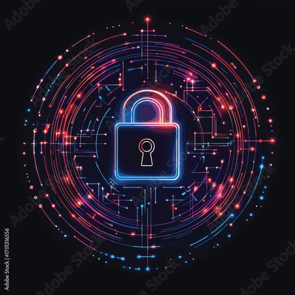 Fototapeta Data security emblem featuring padlock surrounded by digital lines and colorful circle frame conveying robust protection within a network environment , vector style simple color