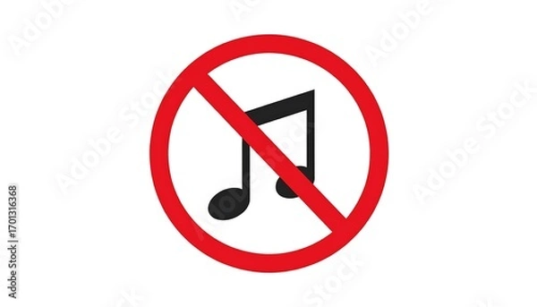 Fototapeta Prohibiting sound, this red circle with a black musical note illustrates a prohibition sign.