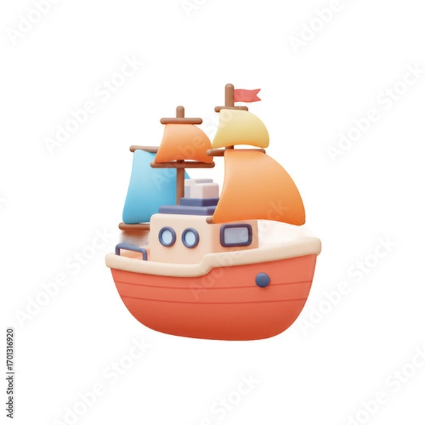 Fototapeta Playful 3d Cartoon Boat Illustration with Colorful Sails on a Gradient Background