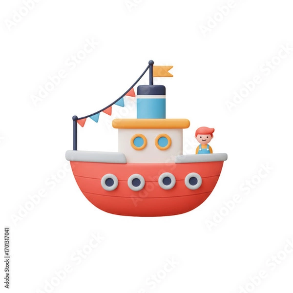 Fototapeta Adorable 3d Cartoon Boat with Happy Boy, Colorful Flags, and Soft Gradient Background