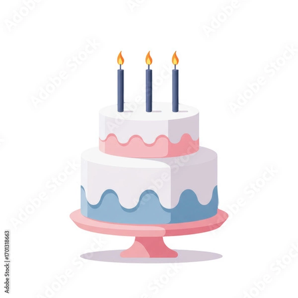 Fototapeta Stylish Two tier Birthday Cake with Three Glowing Candles in Soft Colors