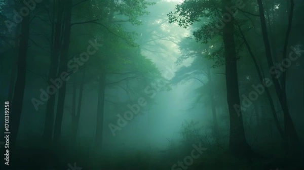 Fototapeta Enigmatic Fog-Shrouded Forest Path A Mystical Journey into the Woods