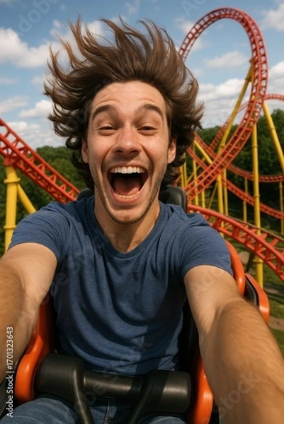 Fototapeta Rollercoaster Ride: A thrilling moment captured as an individual experiences the ultimate rush of a rollercoaster, hair flying, face filled with pure joy and excitement. A vibrant, dynamic.