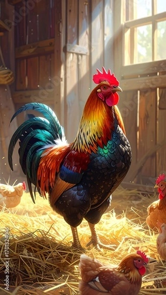 Obraz Rooster in a sunny barn
