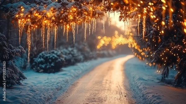 Fototapeta Snow-covered path with icy branches and warm fairy lights at sunset.