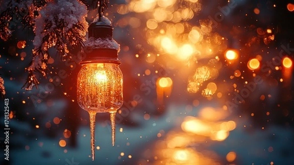 Fototapeta Glowing mason jar lantern hanging on snow-covered tree branch with icicles, bokeh lights background.