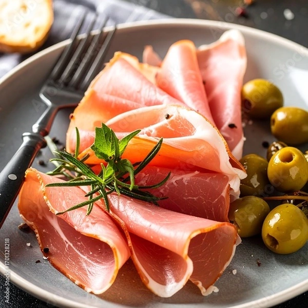 Obraz Sliced ham with olives and herbs