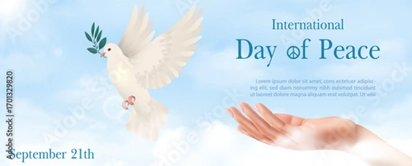 Fototapeta Banner poster illustration of International Day of Peace with white dove peace and human hand in realistic style, cloudscape, wording of event and example texts on blue background.