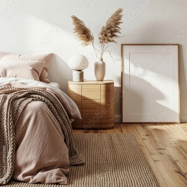Obraz Mockup poster frame in a serene minimalist bedroom corner with blush-toned bedding, chunky knit throw, wooden nightstand, pampas grass decor, and natural light